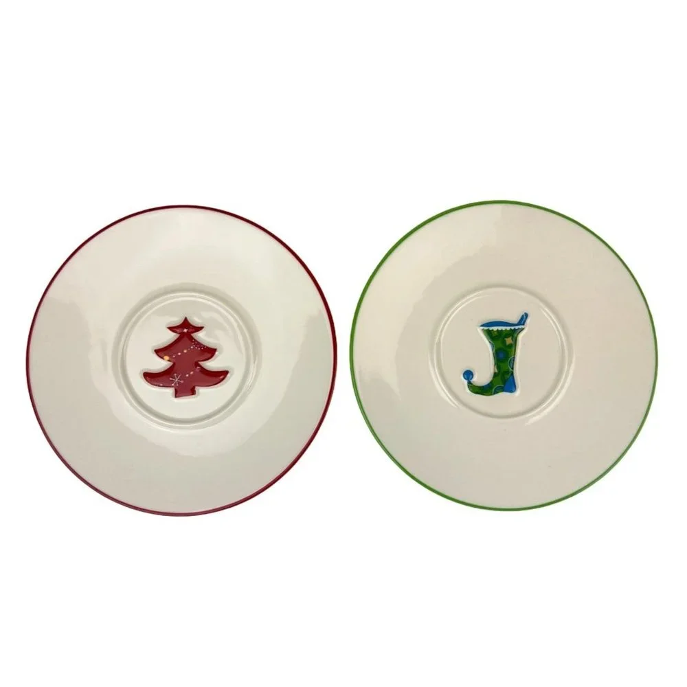 Starbucks 2006 Set of 2 Christmas Saucer Plates, Red Tree, Green Blue Stocking